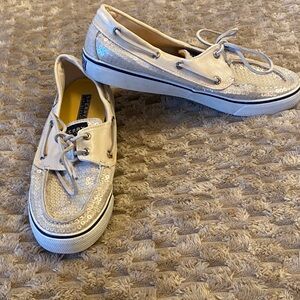 Sperry Sequined Low-Top Boat Shoes in Light Beige and White